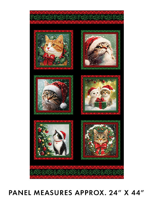 Panel of Christmas-themed cat images with festive elements on a black background.