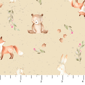 Woodland animal pattern on a beige background with fox, bear, rabbit, and acorns.