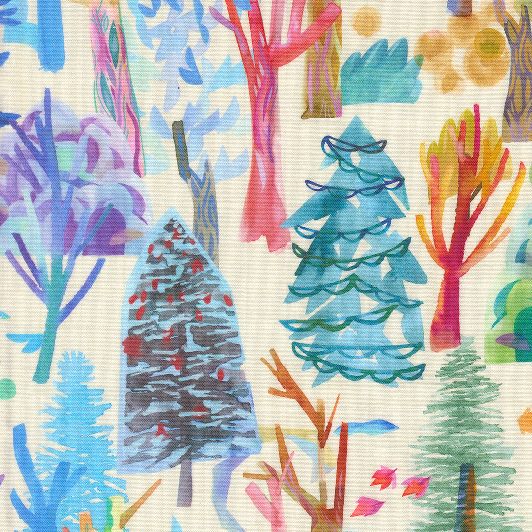 Colorful pattern of trees and plants on a beige background