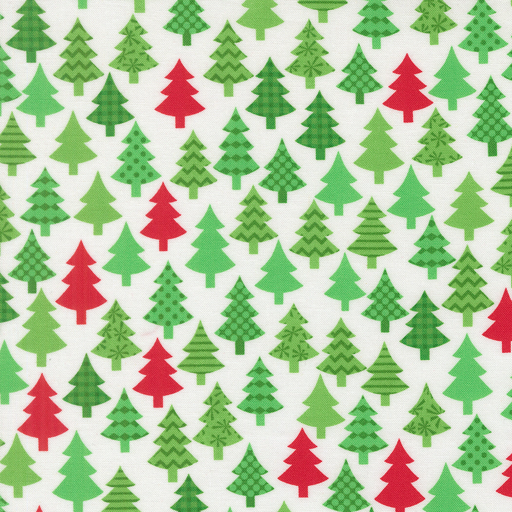 Pattern of green and red Christmas trees on a white background