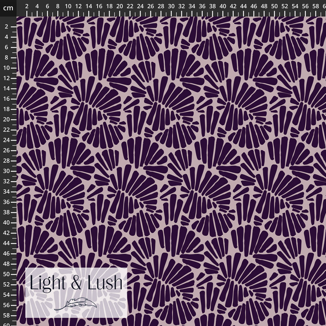 Fabric with purple geometric pattern and 'Light & Lush' branding on a beige background