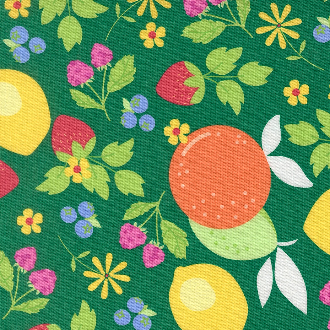 Pattern of fruits and flowers on a green background