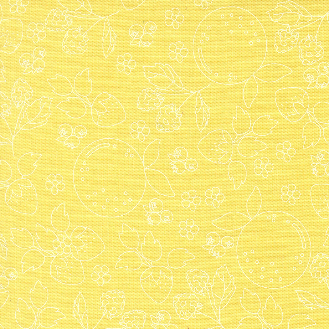 White floral and fruit outlines on a yellow background