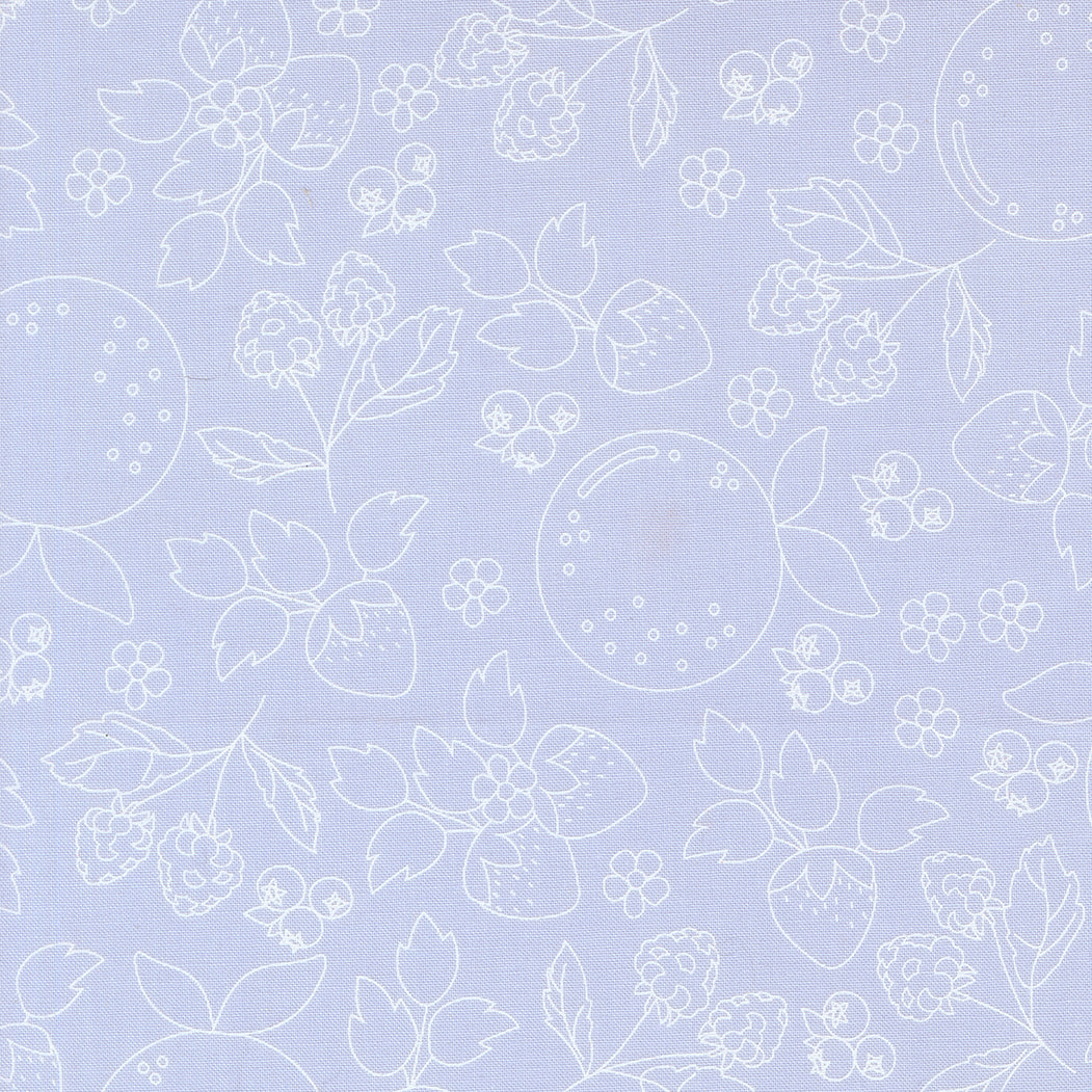 White floral and fruit outlines on a light purple background