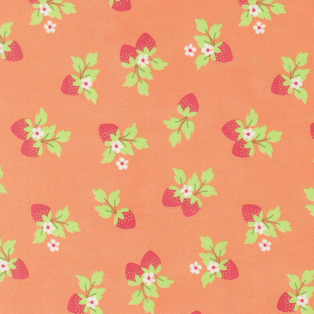 Pattern of strawberries with green leaves on a peach background