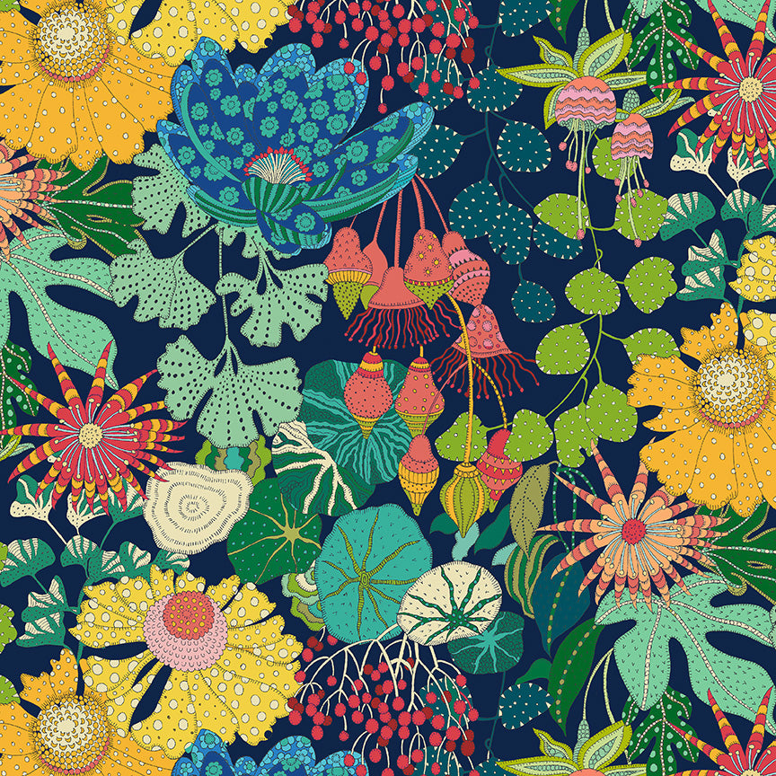 Colorful floral and leaf pattern on a dark blue background