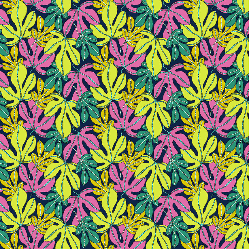 Pattern of colorful leaves on a dark background
