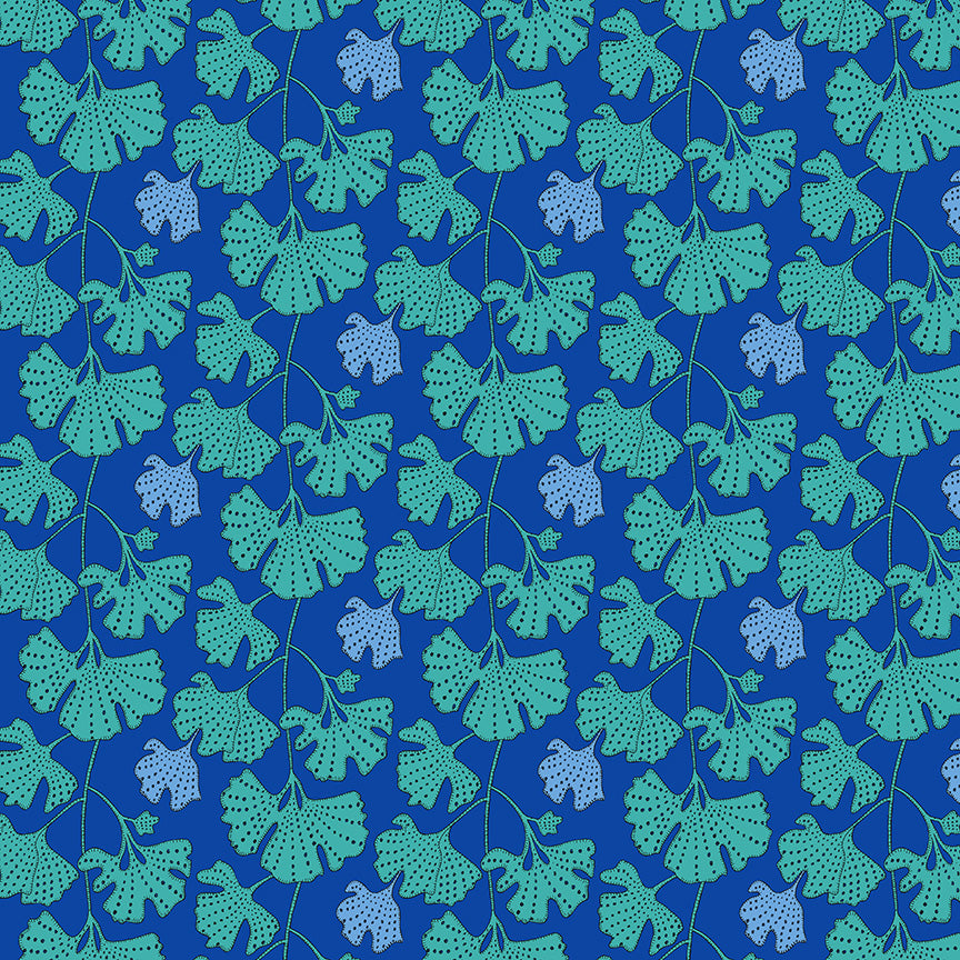 Pattern of green leaves on a blue background