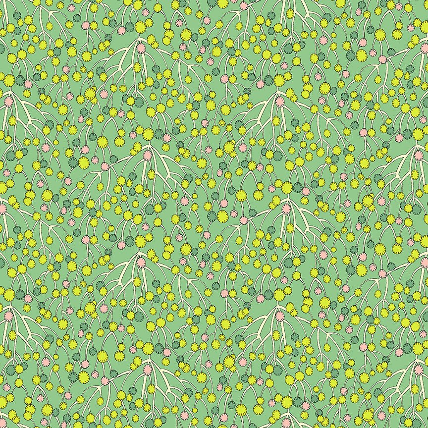 Pattern of small flowers and leaves on a green background