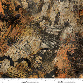 Textile with vintage-style design featuring maps, skulls, and cobwebs.