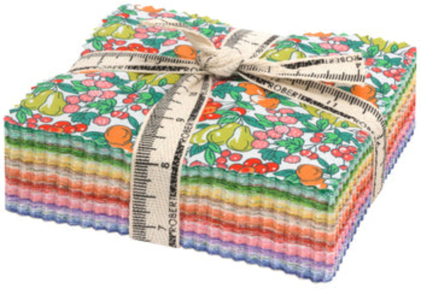 Pack of colorful fabric squares with a measuring tape tied around them, featuring fruits and vegetables on a white background.