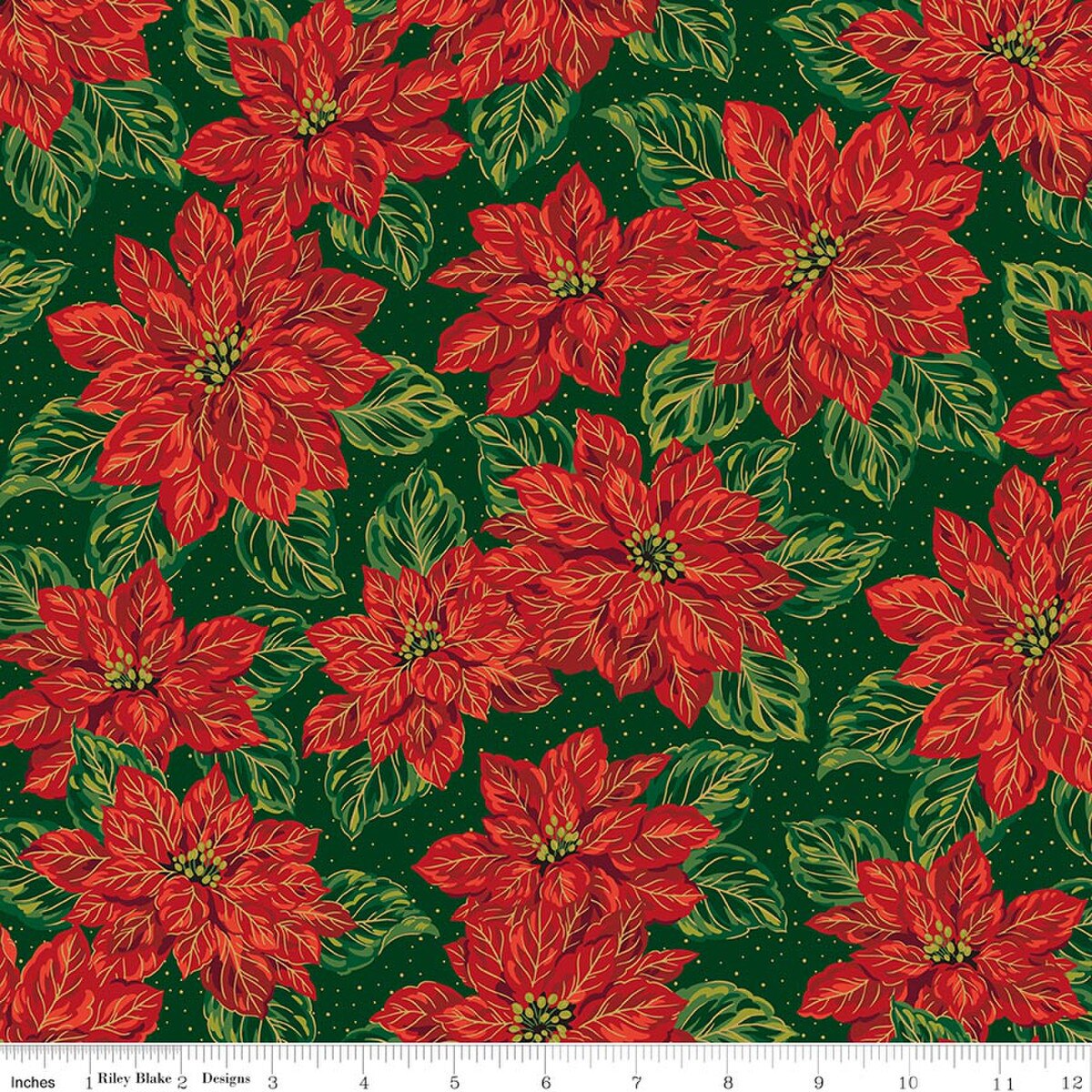 Red poinsettia flowers on a green background with a fabric swatch at the bottom.