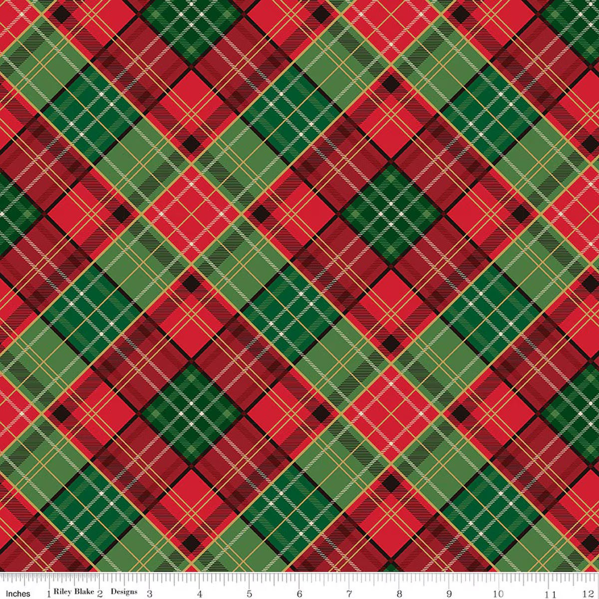 Diagonal plaid pattern in red, green, and black on a fabric swatch.