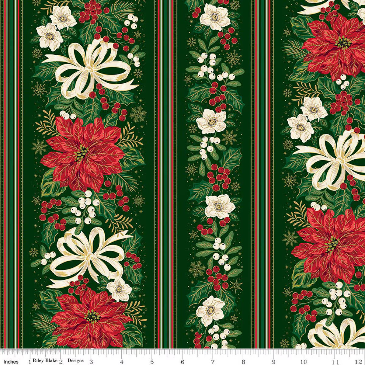 Poinsettias at Christmas - Border Stripe - Green Foil