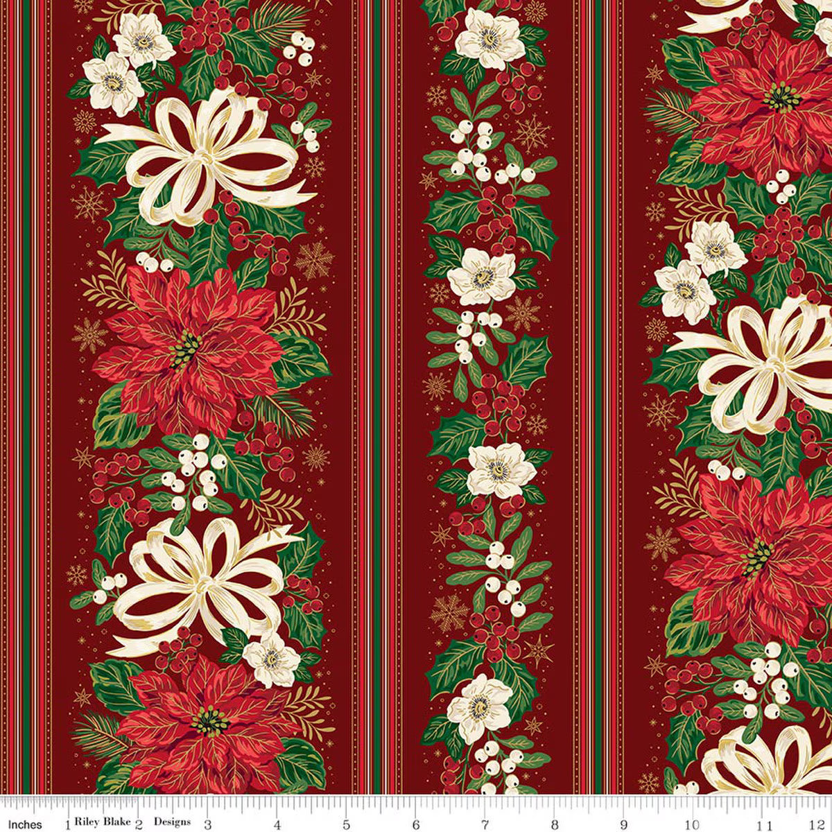 Poinsettias at Christmas - Border Stripe - Red Foil