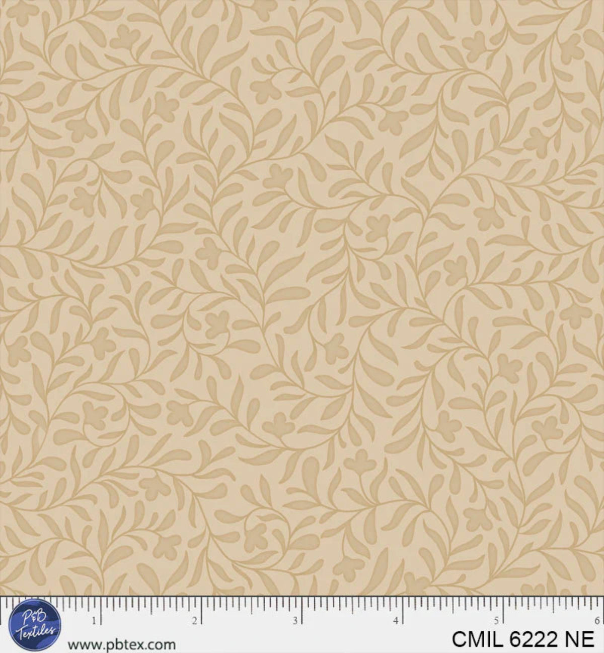 Beige fabric with leaf pattern and ruler at the bottom for scale