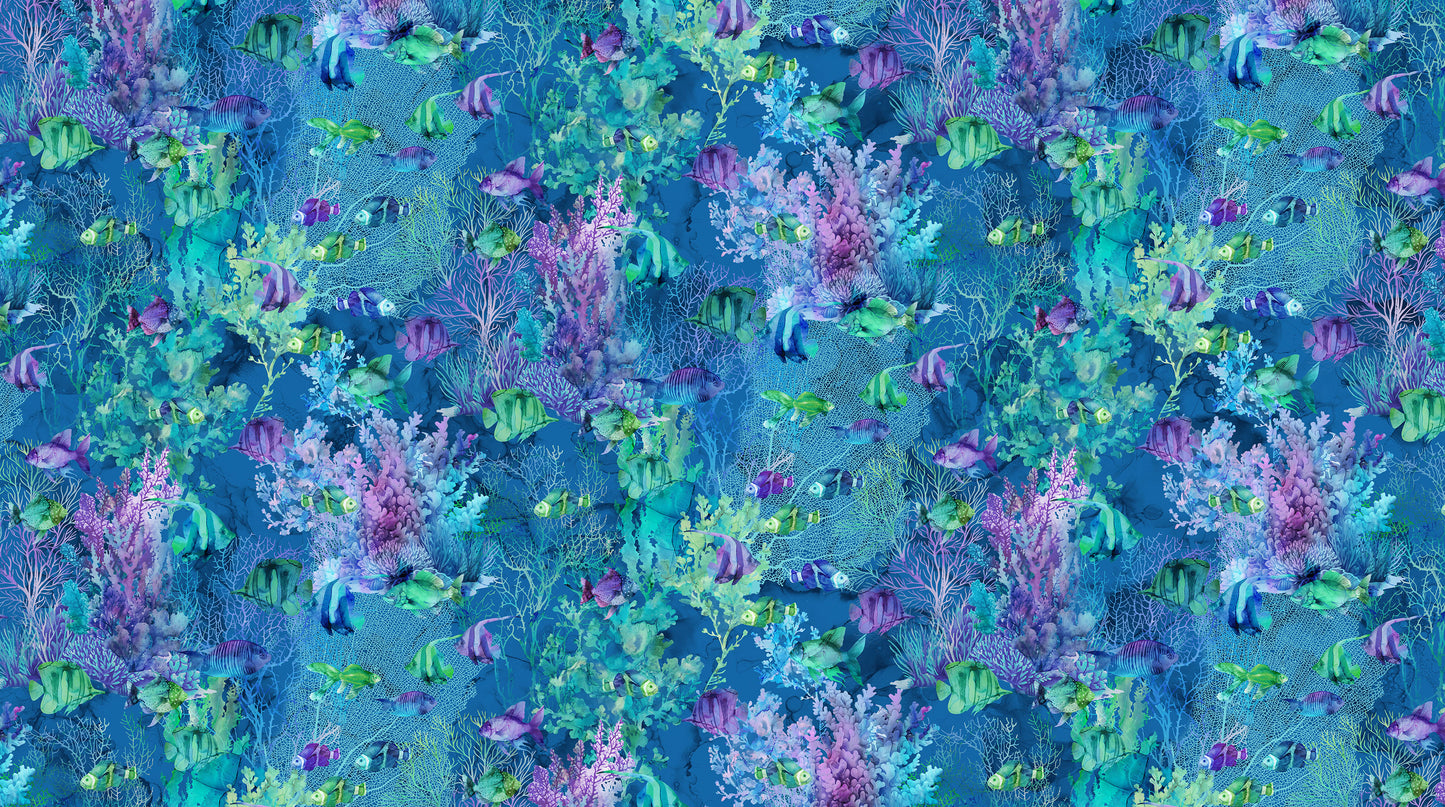 Underwater scene with fish and coral in blue and purple tones