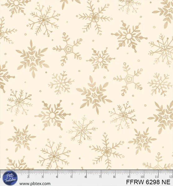 Pattern of gold snowflakes on a beige background.