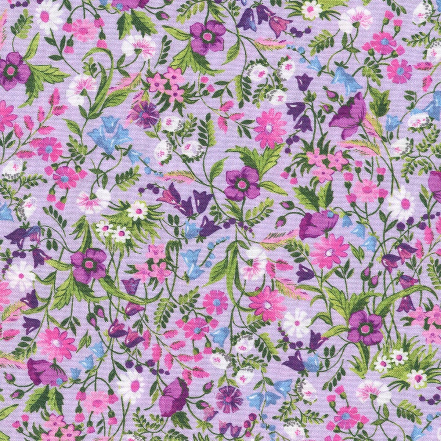 Floral pattern with pink, purple, and green flowers on a light purple background