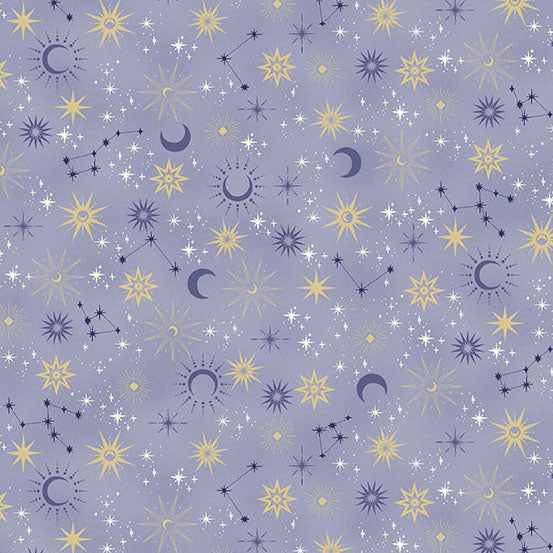 Pattern of celestial elements like stars, moons, and constellations on a purple background.