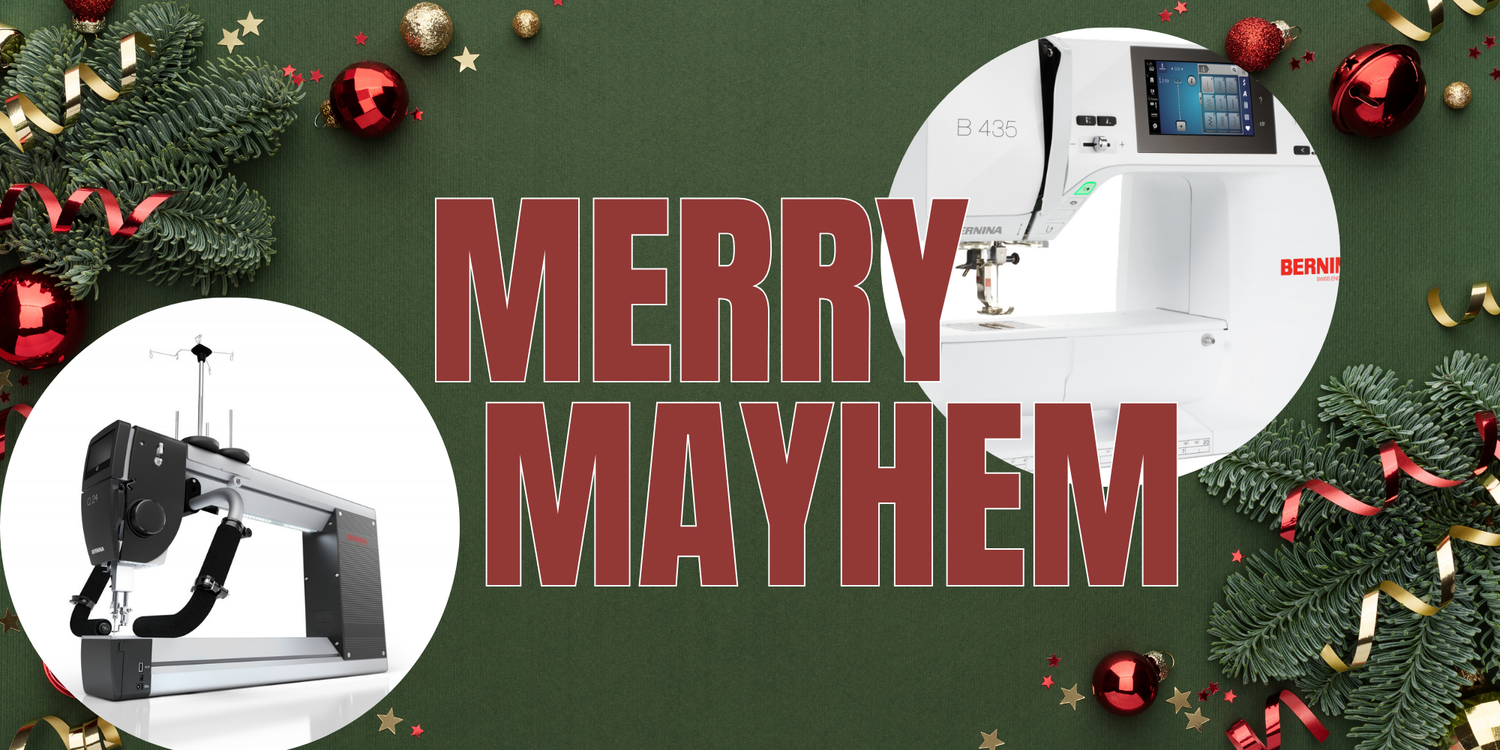 Sewing machine-themed Christmas advertisement with 'Merry Mayhem' text, sewing machines, and festive decorations on a green background.