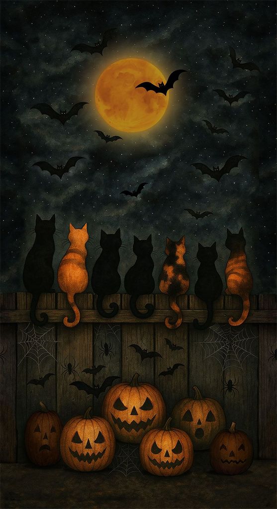 Halloween-themed illustration with cats, pumpkins, and bats against a dark sky with a full moon.