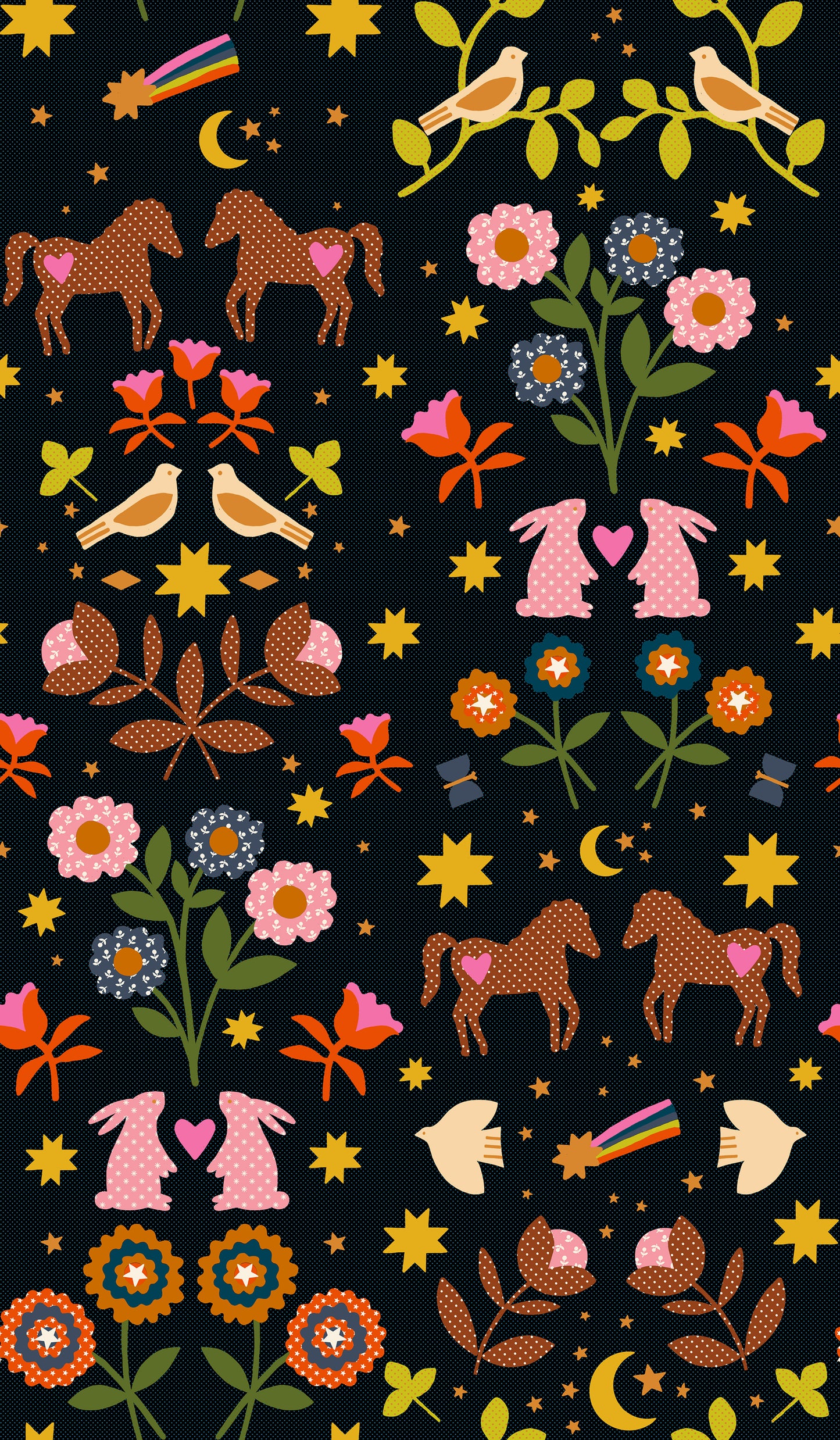 Colorful pattern of animals, flowers, and stars on a black background