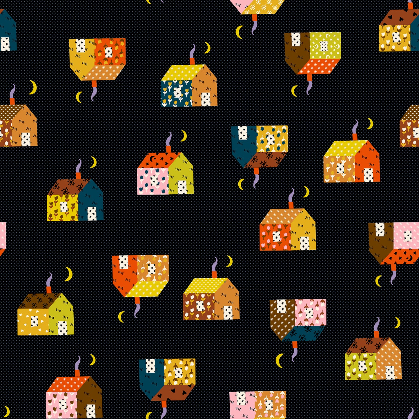 Pattern of colorful houses on a black background
