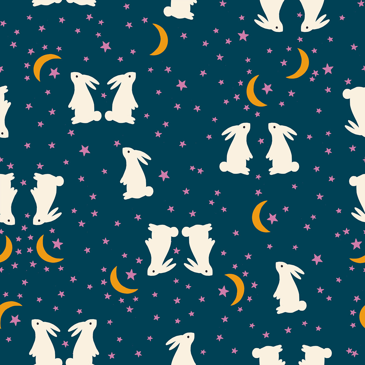 Pattern of white rabbits and colorful moons and stars on a blue background