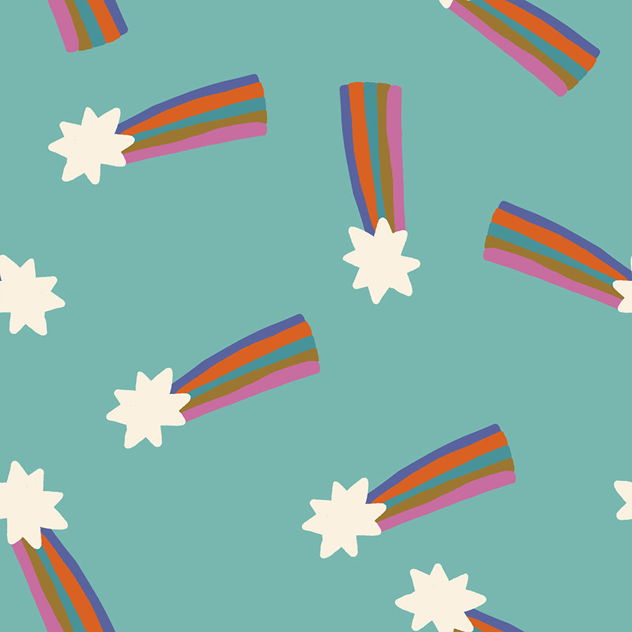 Pattern of colorful rainbows and white stars on a teal background