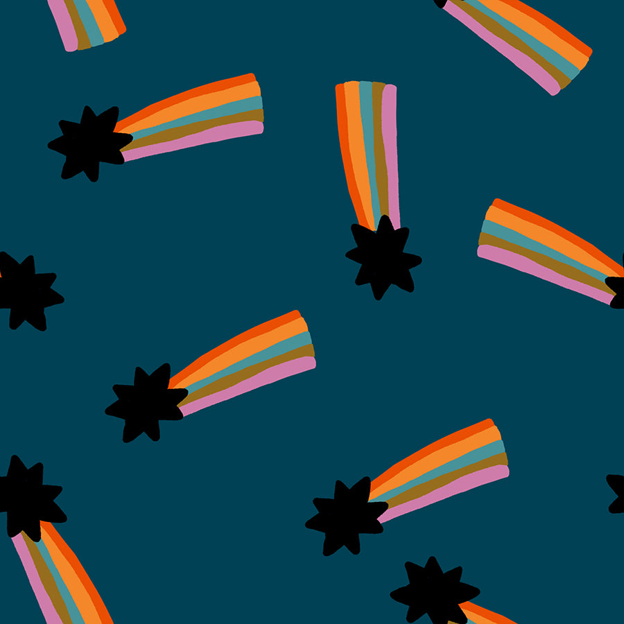 Pattern of colorful rainbows and black stars on a blue background