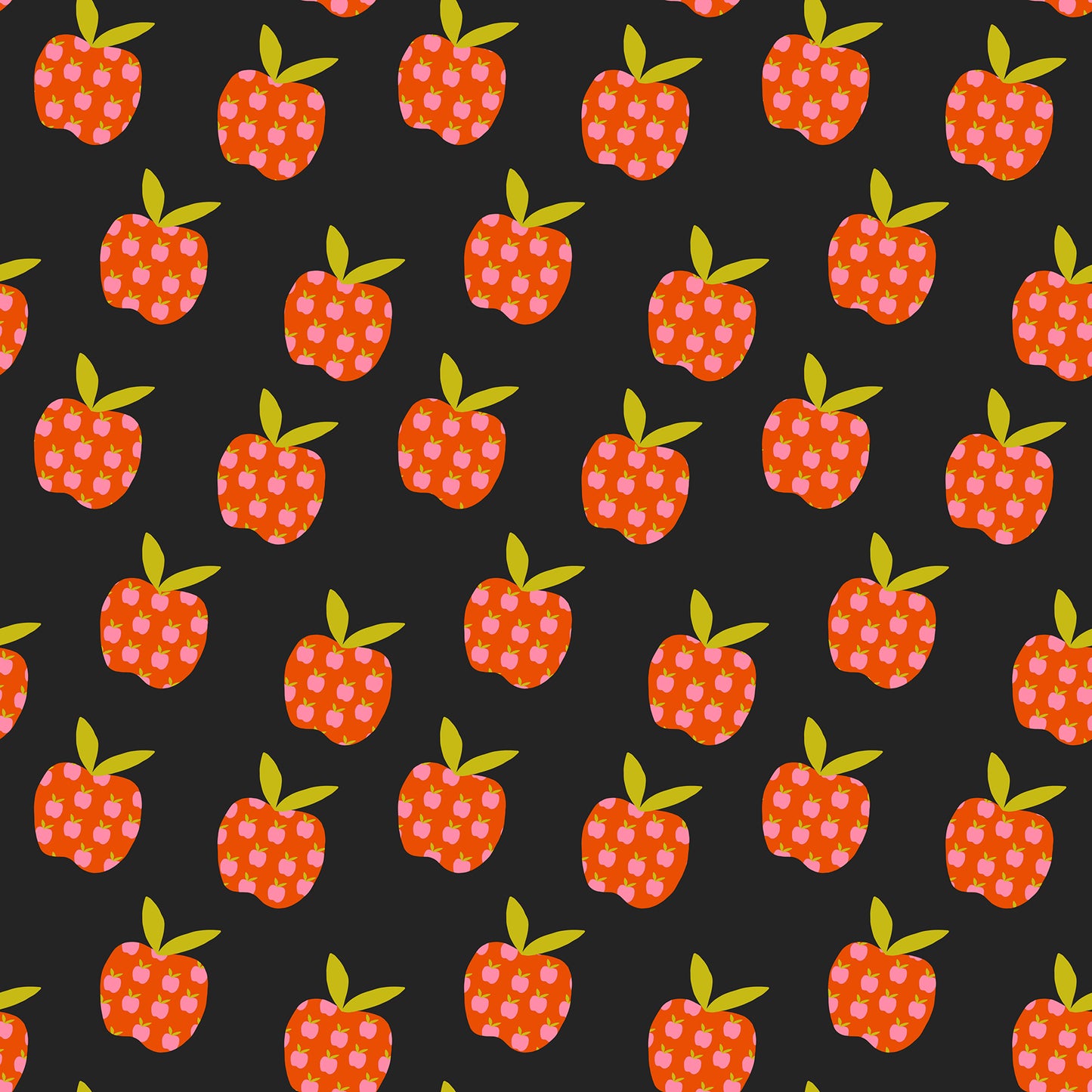Pattern of red apples with green leaves on a black background