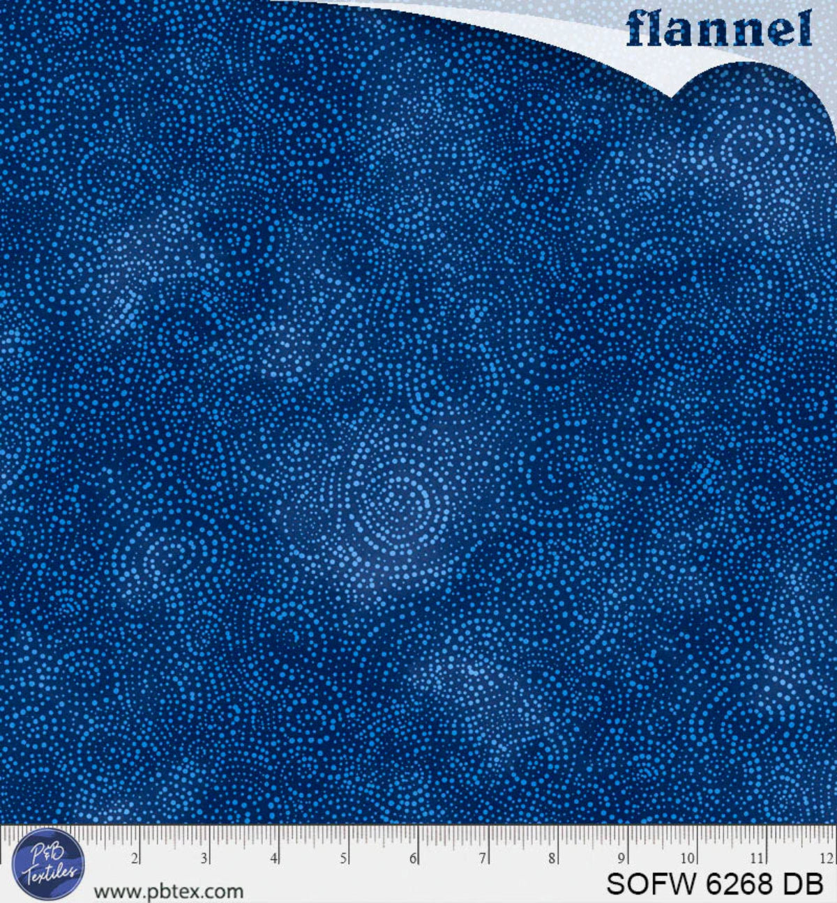 Blue flannel fabric with a ruler at the bottom for scale