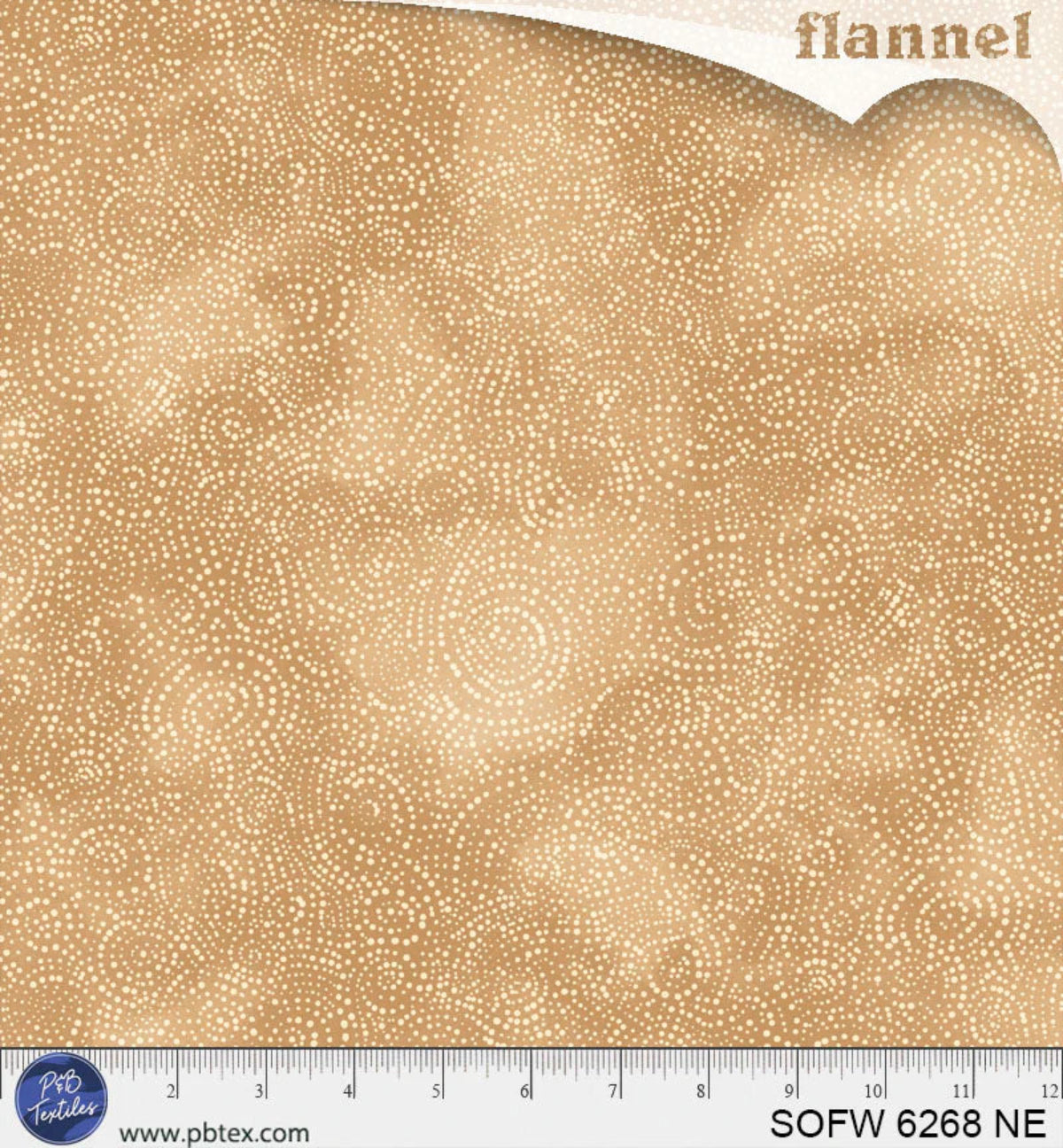 Beige flannel fabric with a subtle pattern and ruler at the bottom for scale.