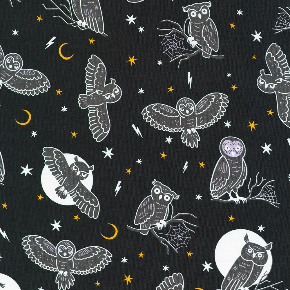 Pattern of owls and moon phases on a dark background