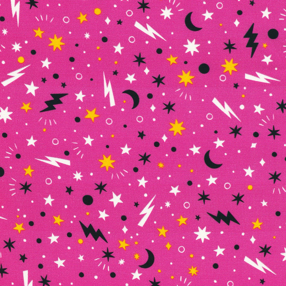Colorful pattern with stars, moons, and lightning bolts on a pink background
