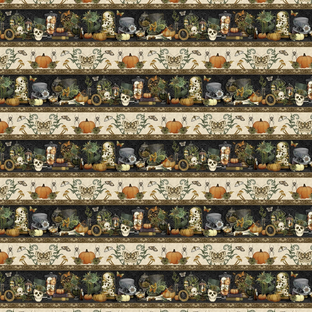 Halloween-themed border print with pumpkins, ghosts, and other decorations on a striped background.