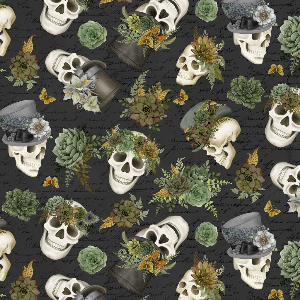 Pattern of skulls, succulents, and flowers on a dark background