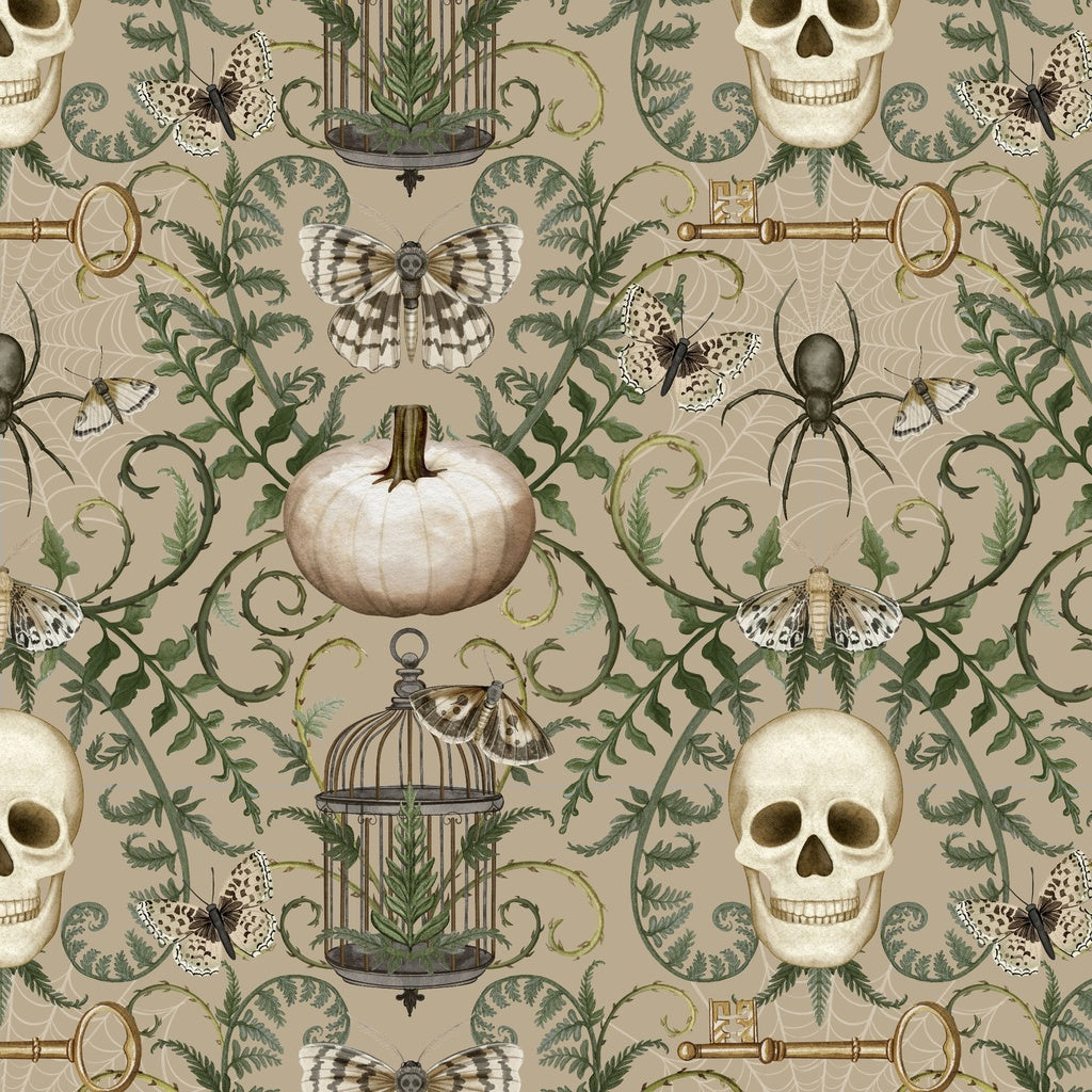 Vintage-style fabric with skulls, pumpkins, and other Halloween-themed elements on a beige background.