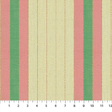 Striped fabric with pink, green, and beige pattern with a ruler for scale.