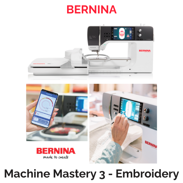 Cover of the BERNINA Embroidery Mastery workbook showing embroidery designs, editing tools, and machine features
