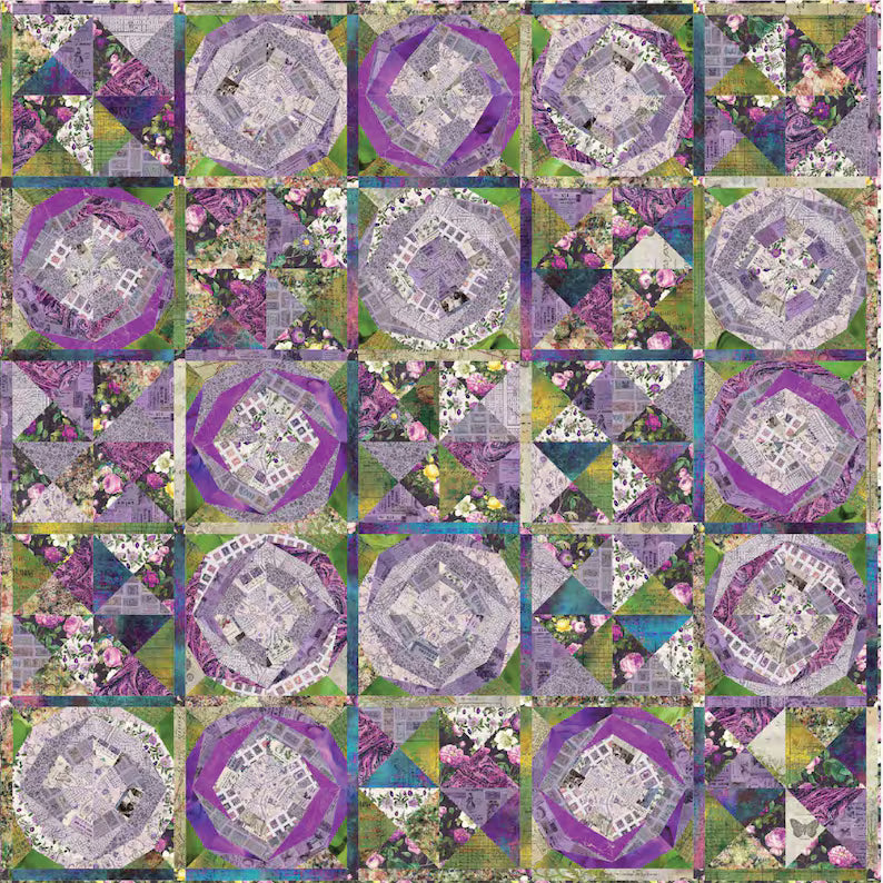 Printed patchwork quilt with a floral pattern in purple, green, and white.