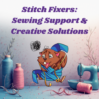 Stitch Fixers class logo featuring a Mayhem Squirrel tangled in fabric and a tape measure, surrounded by sewing tools.