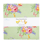 A folded fabric bundle from Riley Blake Designs featuring a light green polka dot background with colorful floral prints, wrapped in a white paper band labeled 'Dear Sweethearts American Jane'.