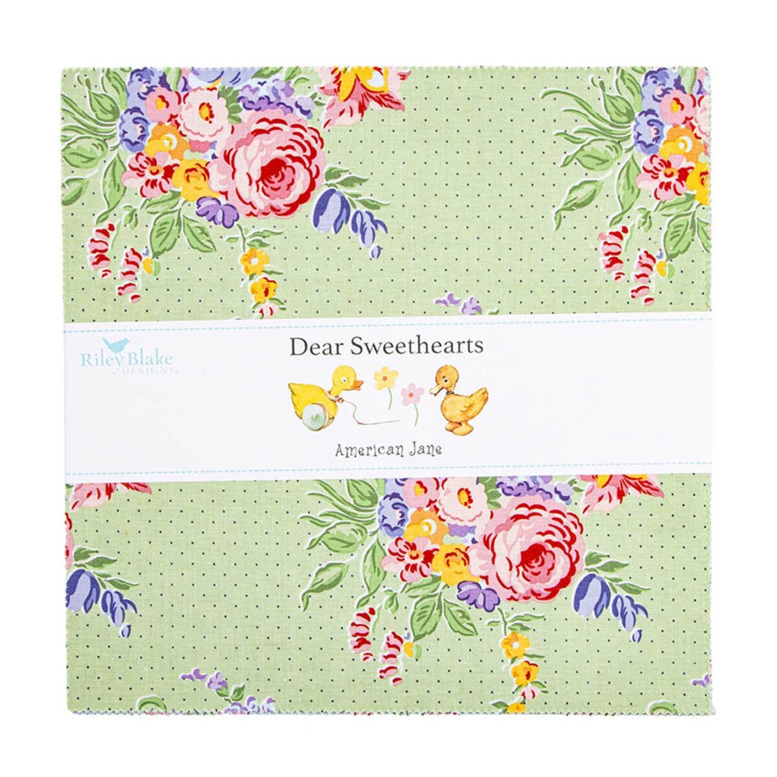 A folded fabric bundle from Riley Blake Designs featuring a light green polka dot background with colorful floral prints, wrapped in a white paper band labeled 'Dear Sweethearts American Jane'.