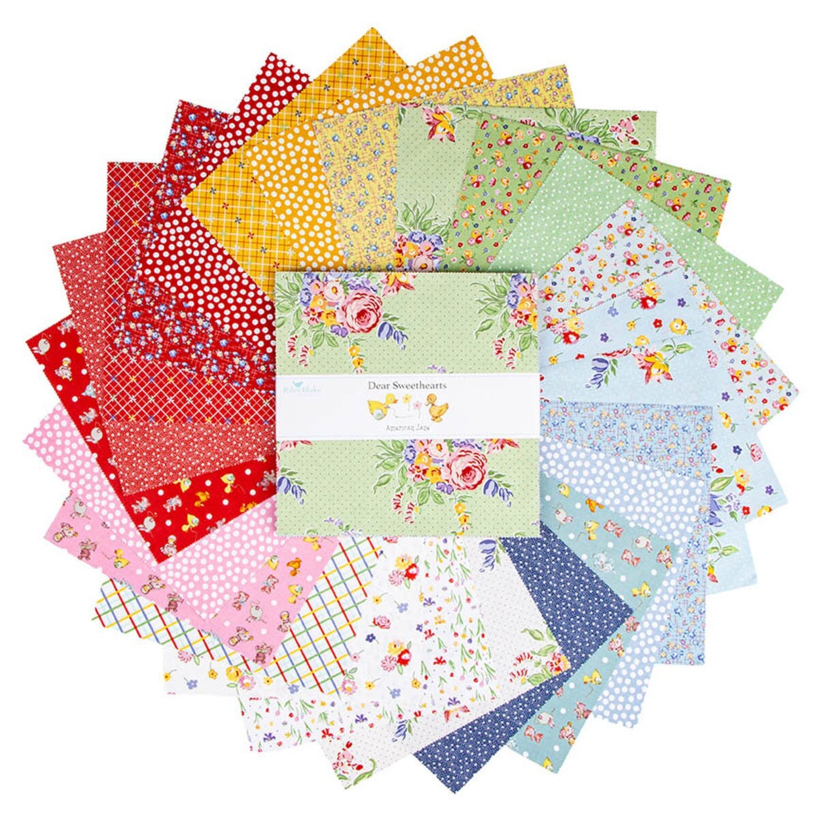 A circular arrangement of multiple fabric squares in assorted floral and patterned designs, with a white paper band across the center reading 'Dear Sweethearts'.