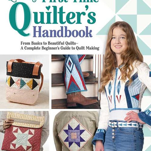 Book cover of 'Lorelai's First-Time Quilter's Handbook' with a woman, quilted items, and geometric pattern.
