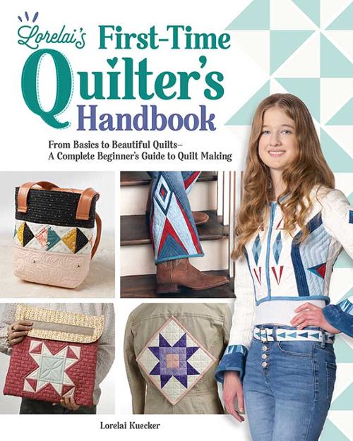 Book cover of 'Lorelai's First-Time Quilter's Handbook' with a woman, quilted items, and geometric pattern.
