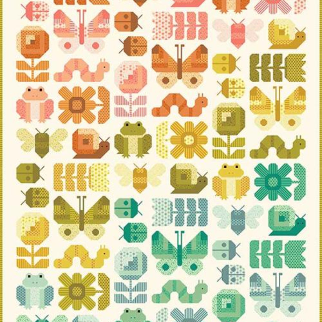 Pattern of colorful insects, flowers, and animals on a white background