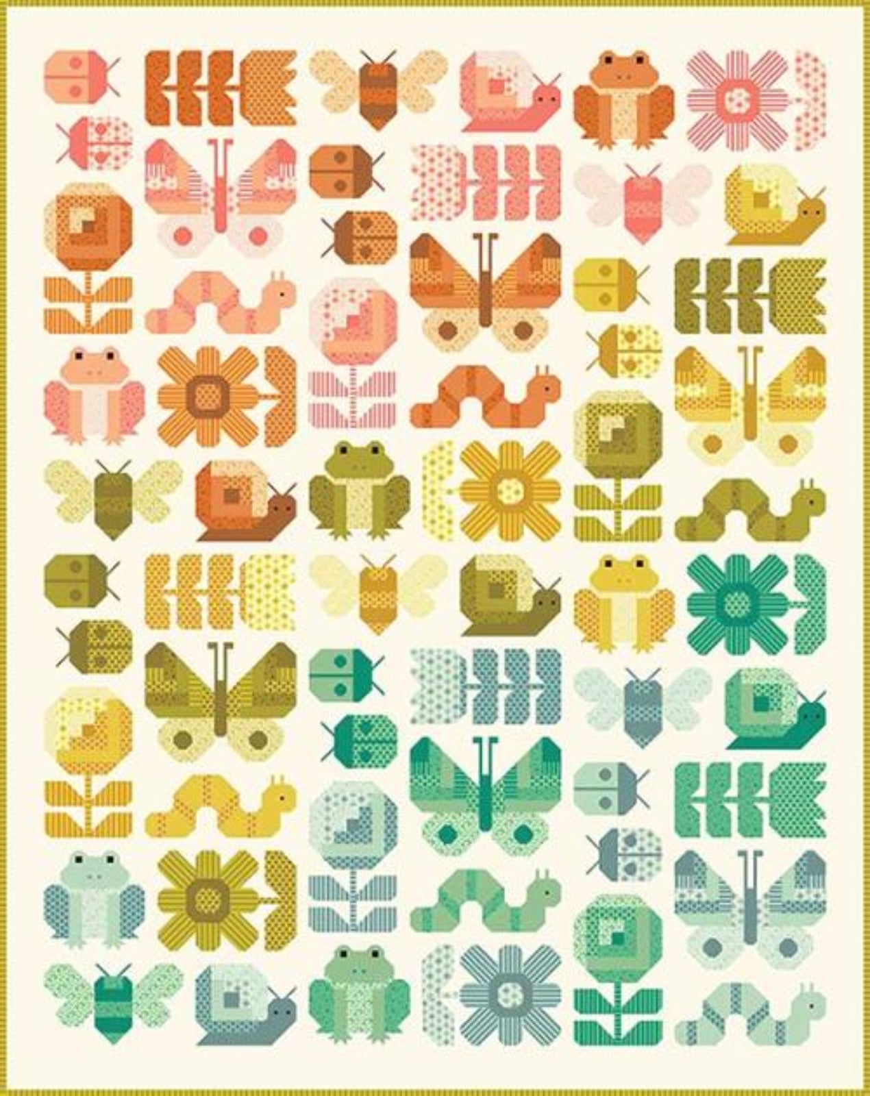 Pattern of colorful insects, flowers, and animals on a white background